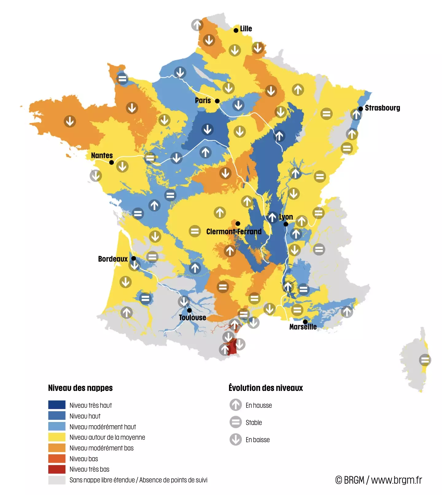 Niveau des nappes et tendances évolutives en date du 1er octobre 2025 (Source : BRGM)