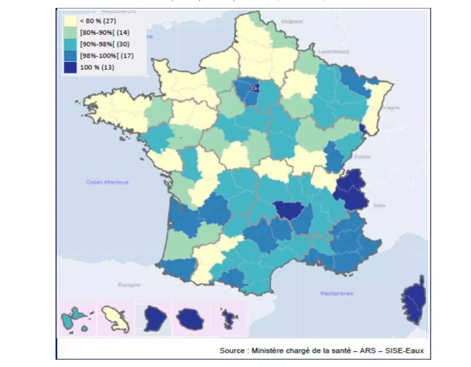 Proportion de la population desservie par une eau conforma en permanence aux limites de qualité pour les pesticides (situation C) en 2022 (Source : Direction générale de la santé)