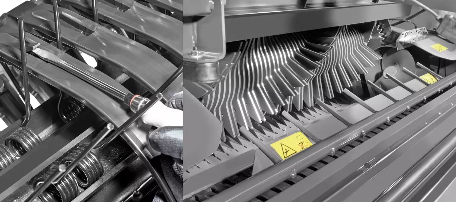 Le pick-up Multiflow HD (à gauche) et le rotor de coupe à 25 couteaux disposés en spirale et le fond rotor Pro (à droite) allient débit, qualité de coupe et fiabilité en toutes conditions