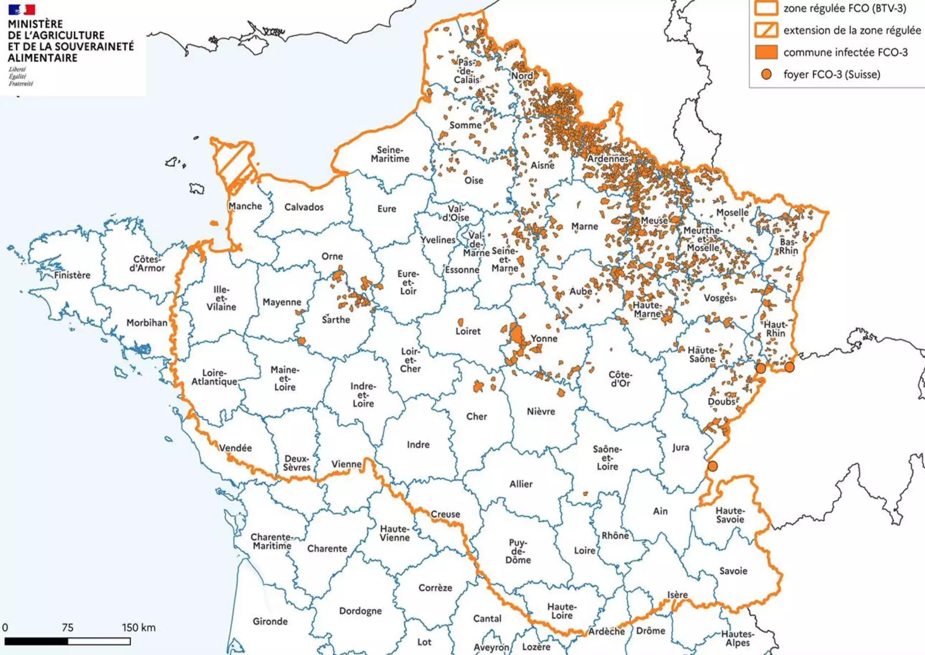 La zone régulée de FCO-3 en date du 13 septembre, avant son extension à la Bretagne (Source : ministère de l’Agriculture)