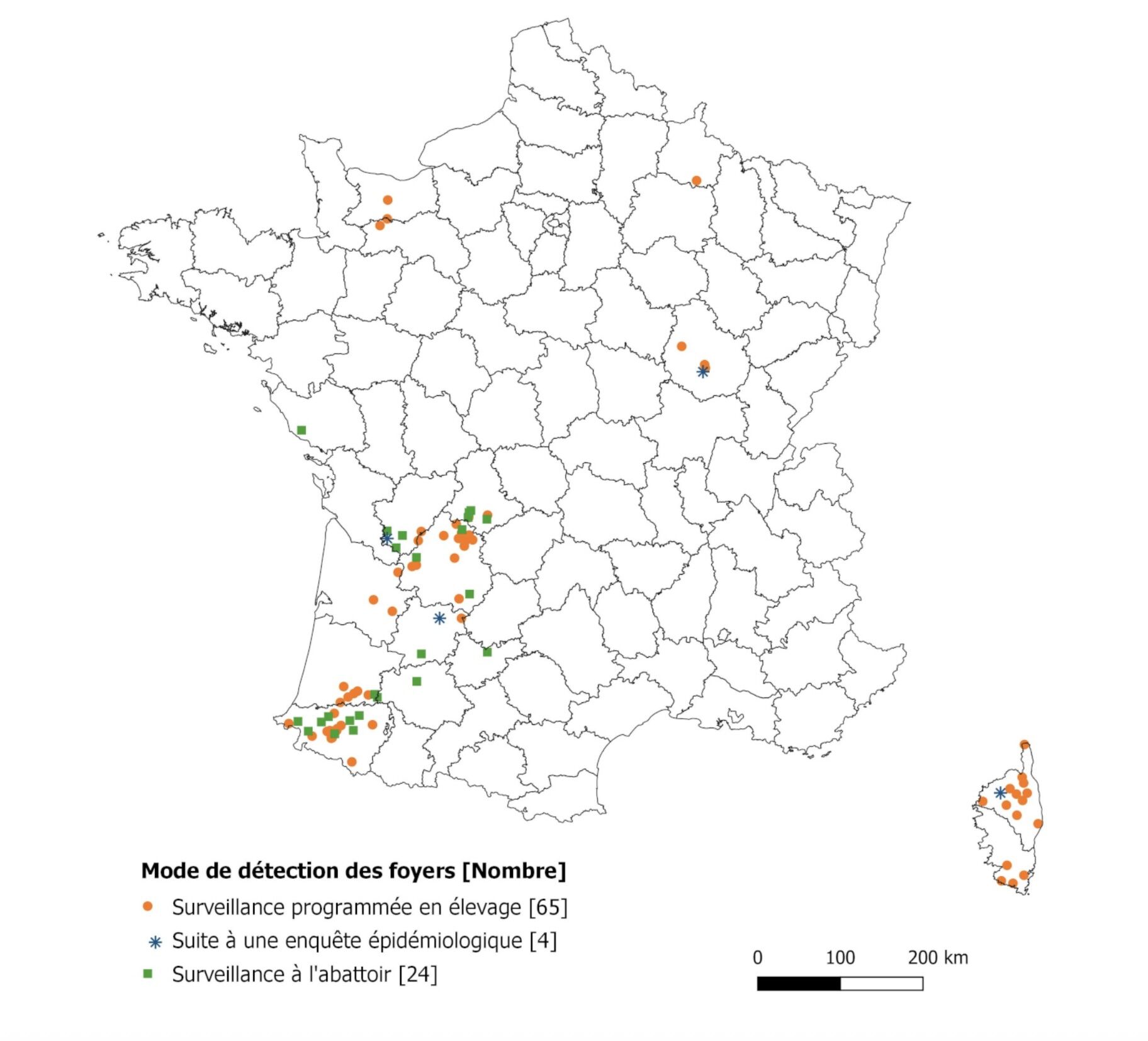 Répartition des 93 foyers déclarés en 2025 (Source : Ministère de l’Agriculture)