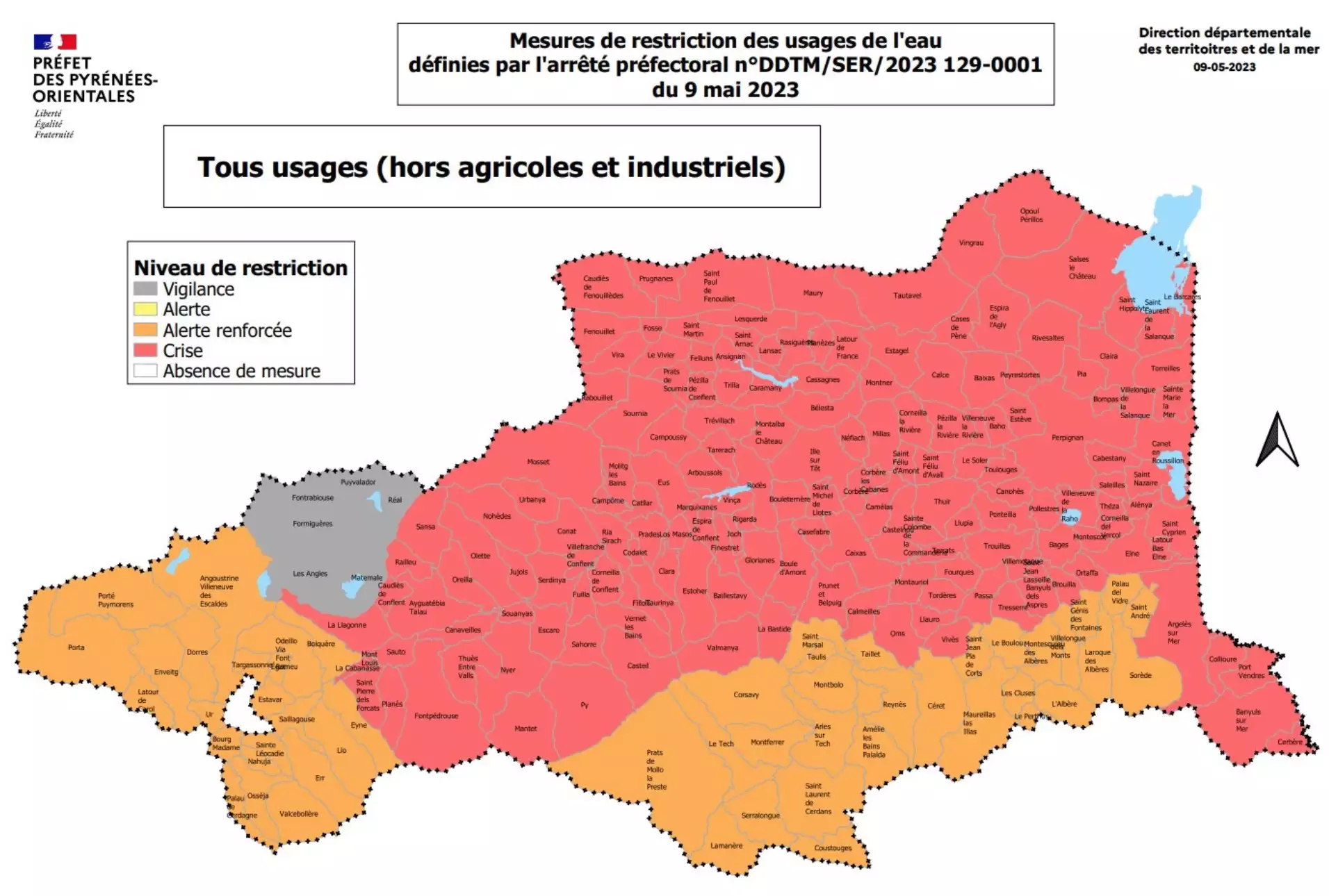 Les trois-quarts du département sont classés en « crise » sécheresse depuis le 10 mai (Source : préfecture des Pyrénées-Orientales)