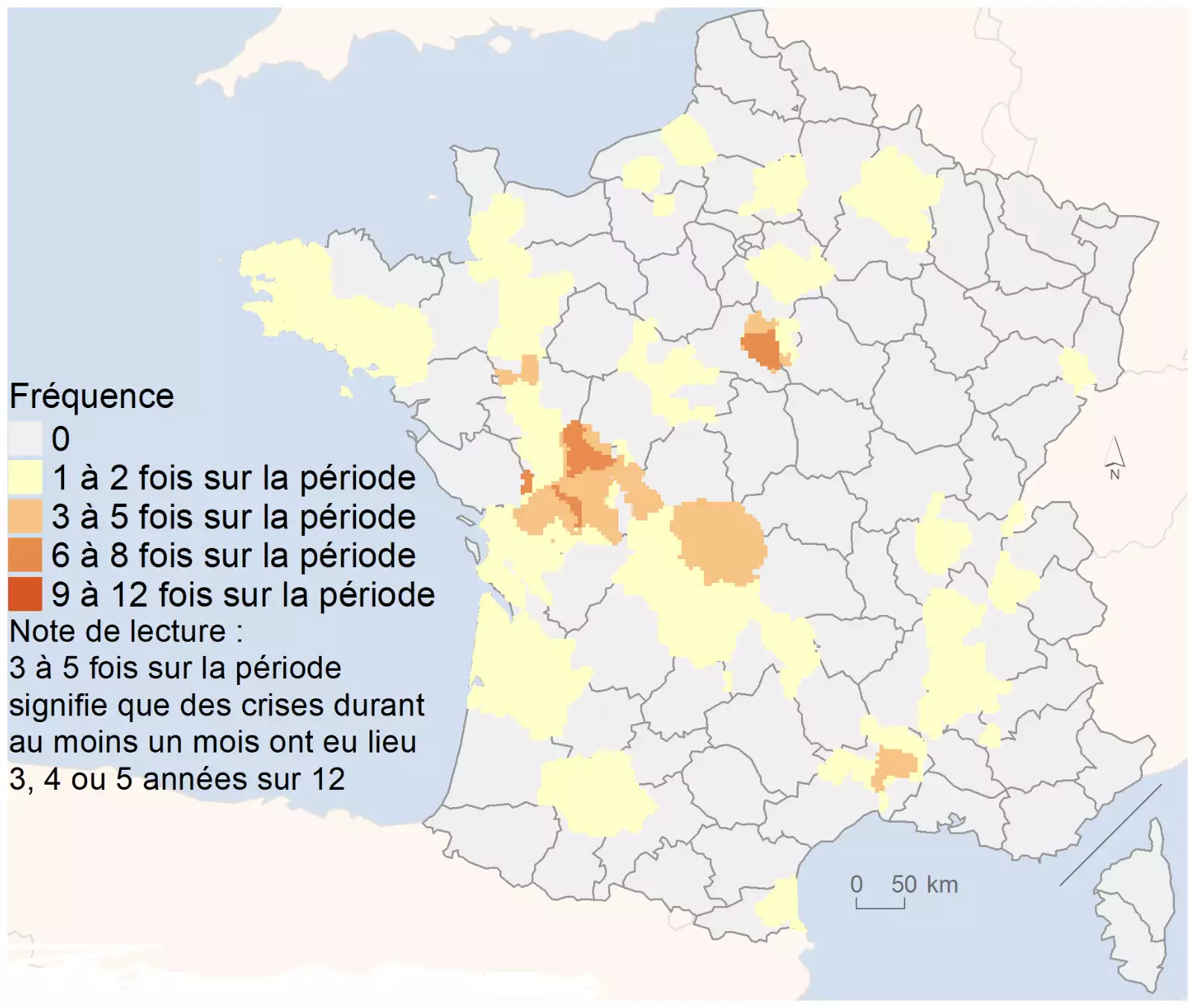 Fréquence des épisodes annuels de restriction de niveau « crise » des usages de l’eau superficielle d’une durée de plus d’un mois sur la période 2012-2023 (Source : ministère de la Transition écologique)