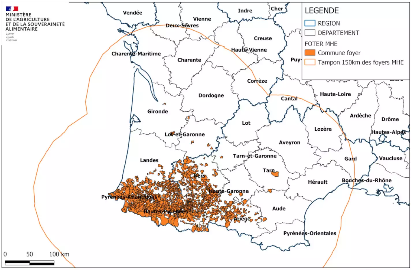 Délimitation la zone réglementée au titre de la MHE en date du 2 novembre (Source : ministère de l’Agriculture)
