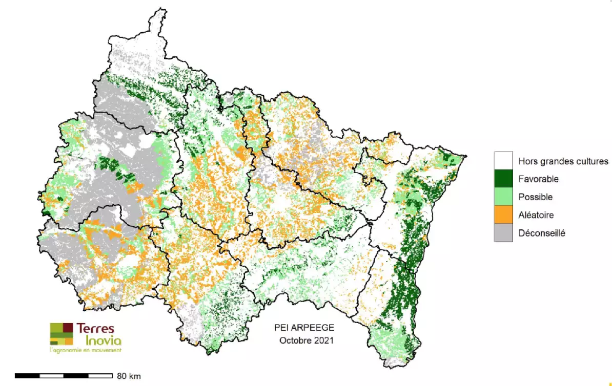 La modélisation repose sur trois paramètres (risque de récolte tardive, profondeur du sol, satisfaction estivale du besoin en eau) et discrimine le territoire en quatre classes (Source : Terres Inovia)