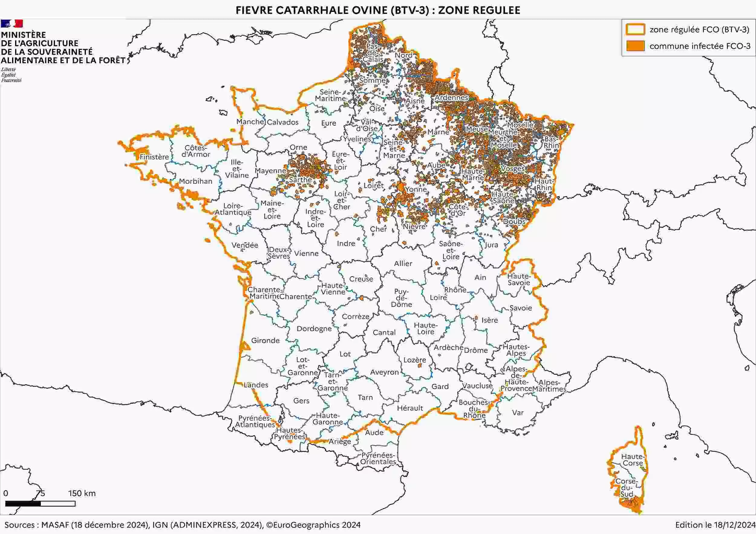 Carte de la zone régulée et des foyers de FCO-3 en date du 26 décembre 2024 (Source : ministère de l’Agriculture)