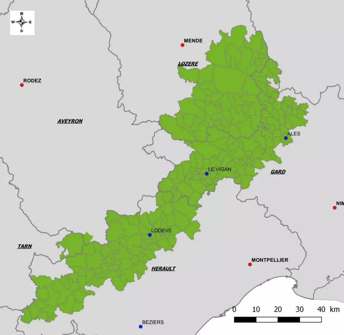 L’aire géographique de l’AOP Châtaigne des Cévennes (Source : INAO)