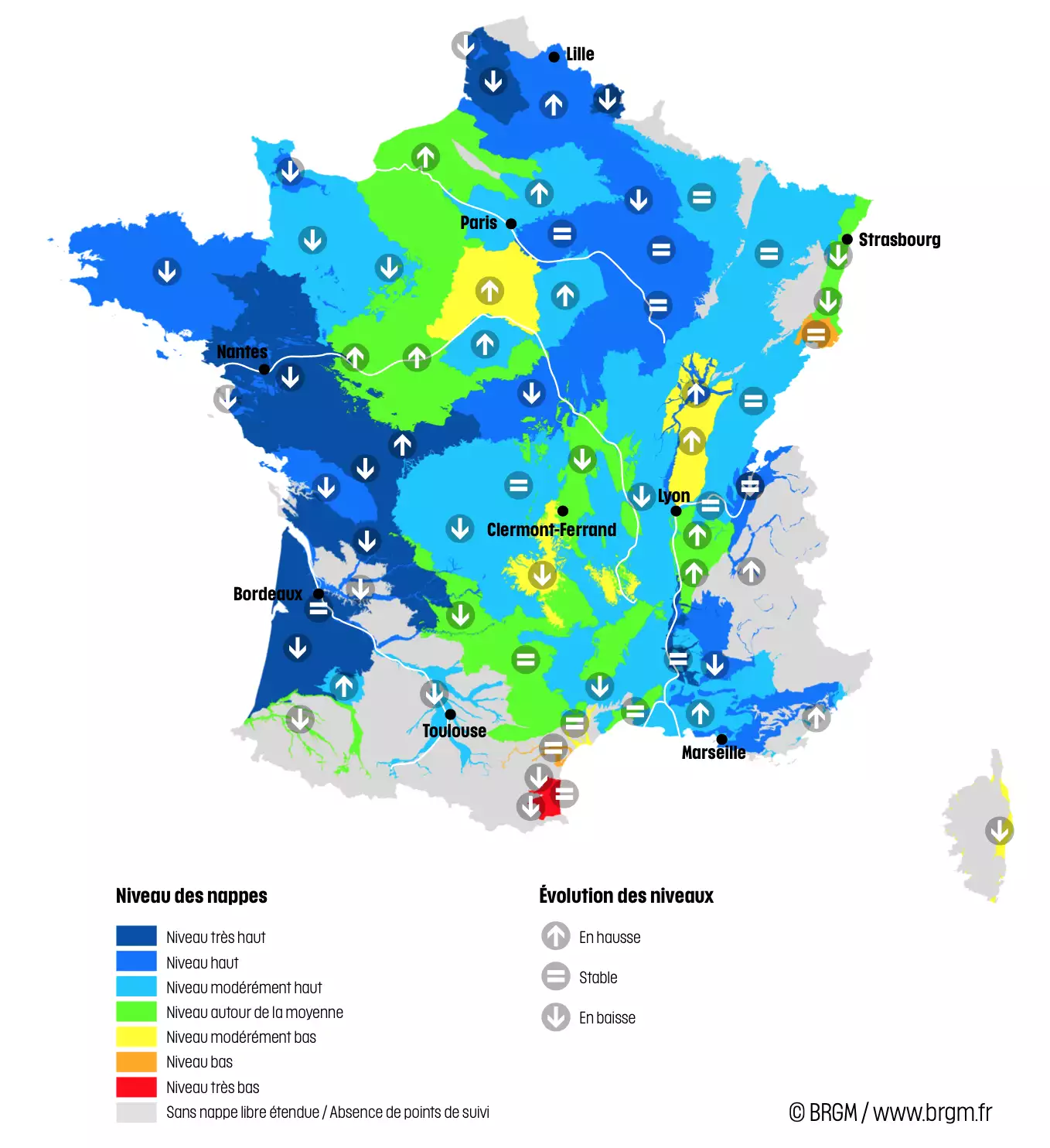Niveau des nappes et tendances évolutives en date du 1er mai 2024 (Source : BRGM)