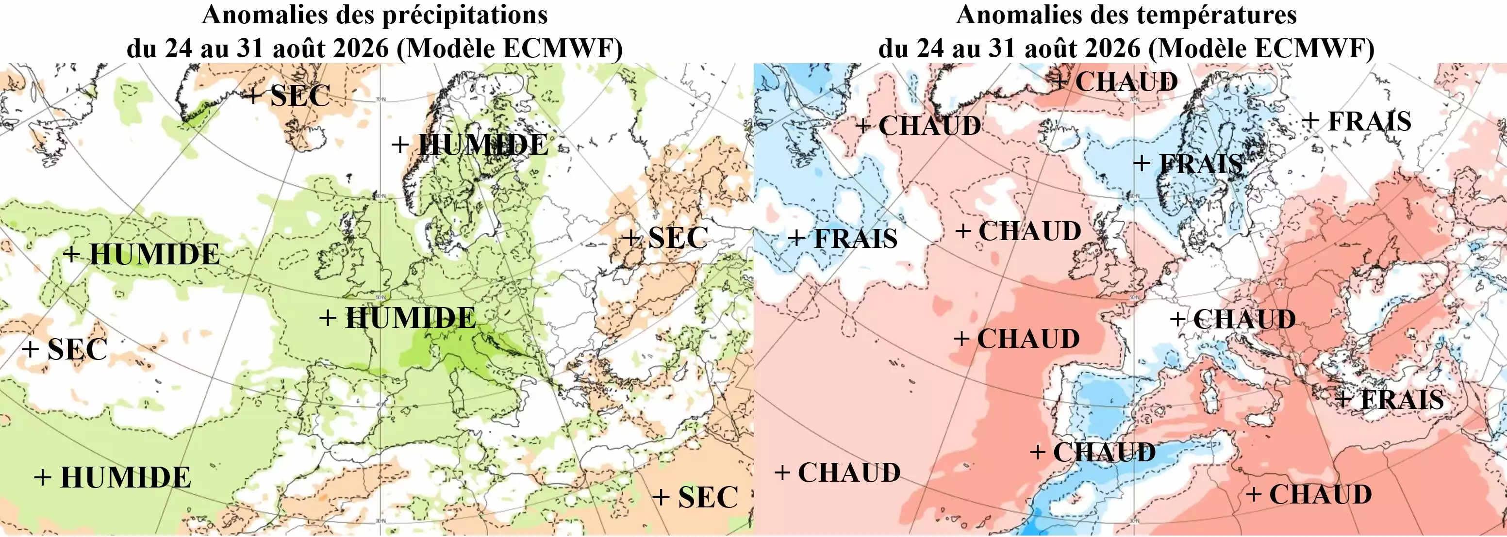 Cartes sur les anomalies des précipitations et des températures (du 24 au 31 août 2026) (Source : ECMWF https://charts.ecmwf.int)