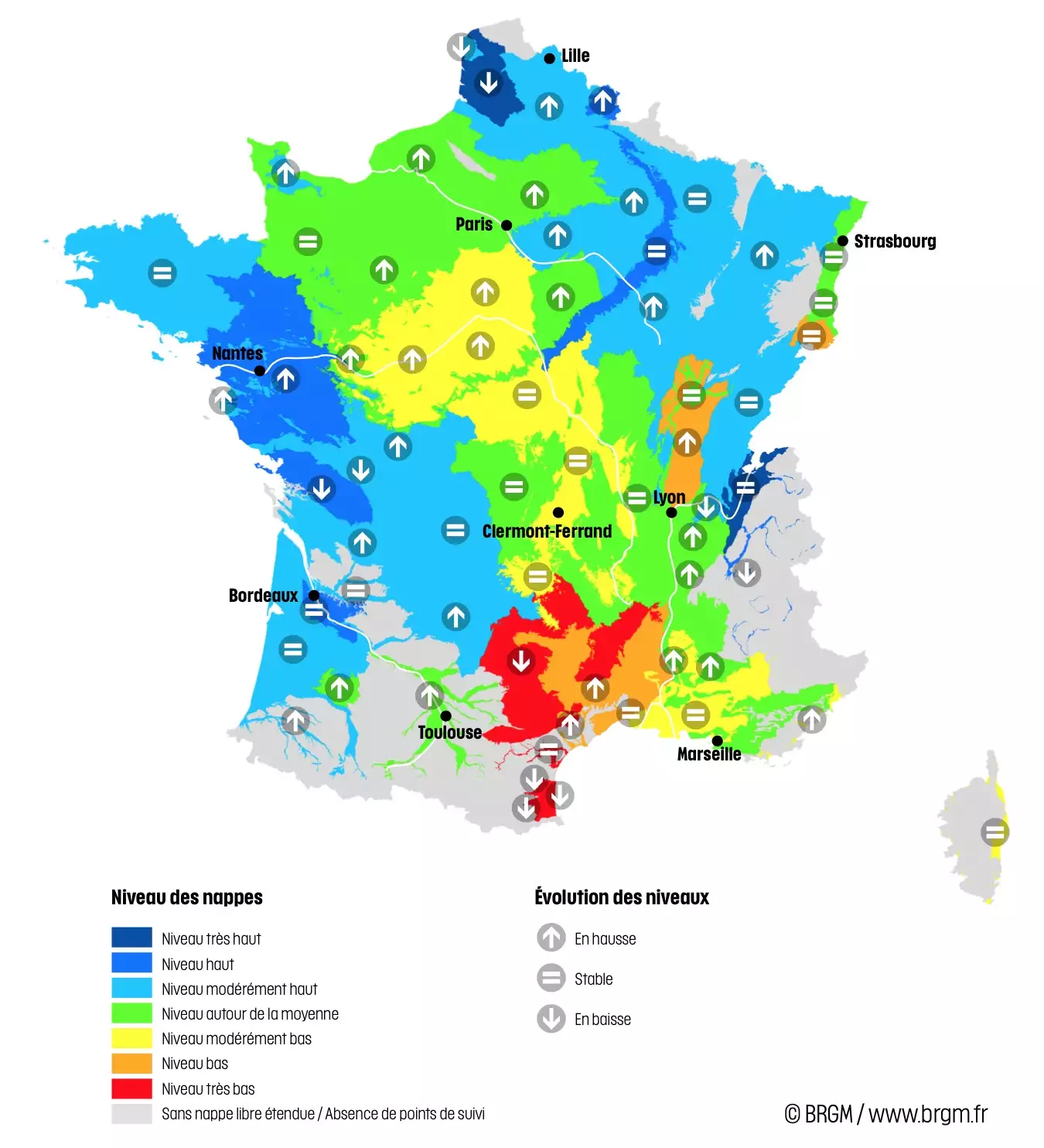 Niveau des nappes et tendances évolutives en date du 1er mars 2024 (Source : BRGM)