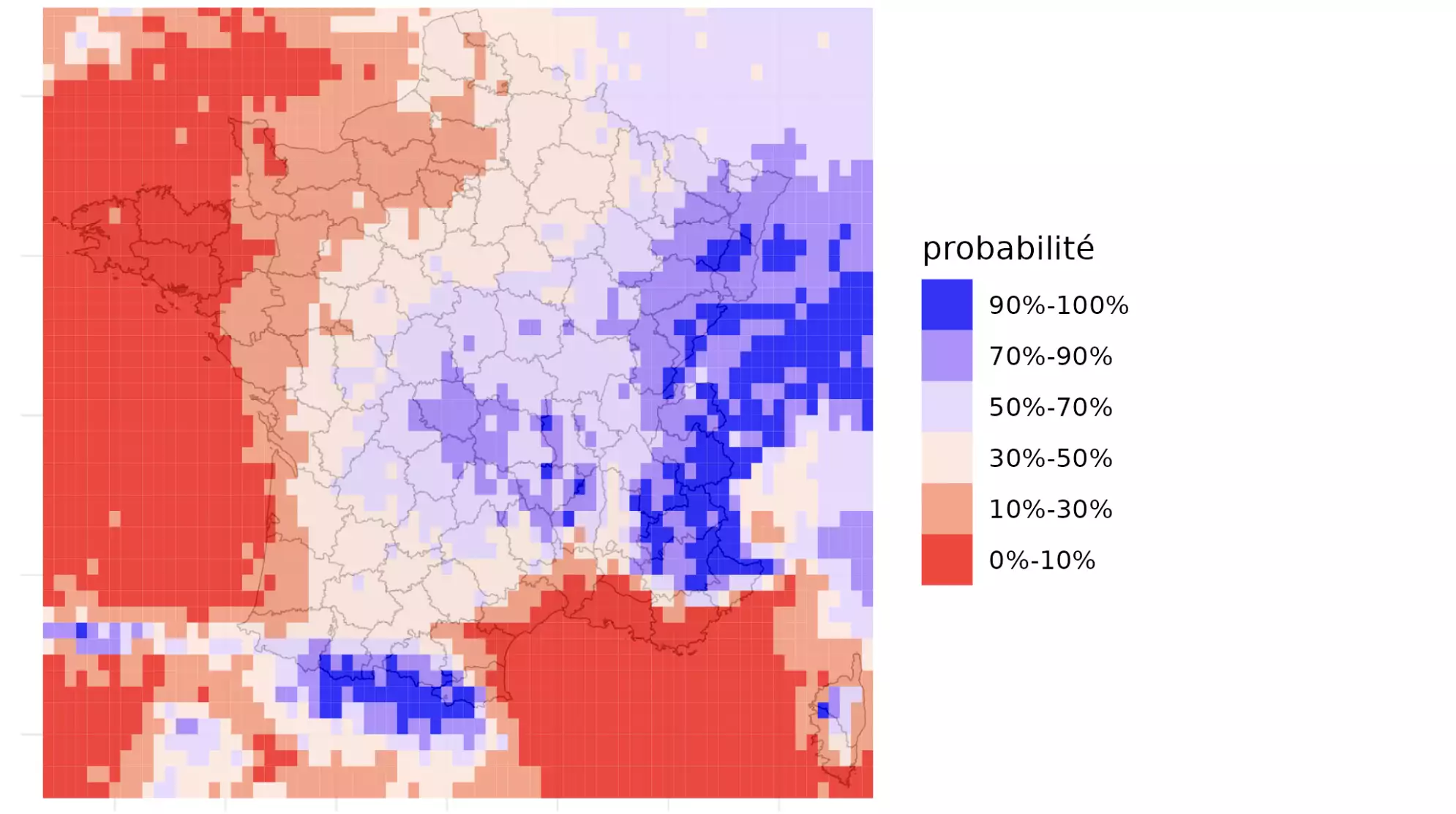 Probabilité de cumuler plus de 10 mm de précipitations d’ici au 19 août (Source : AléaPluie)
