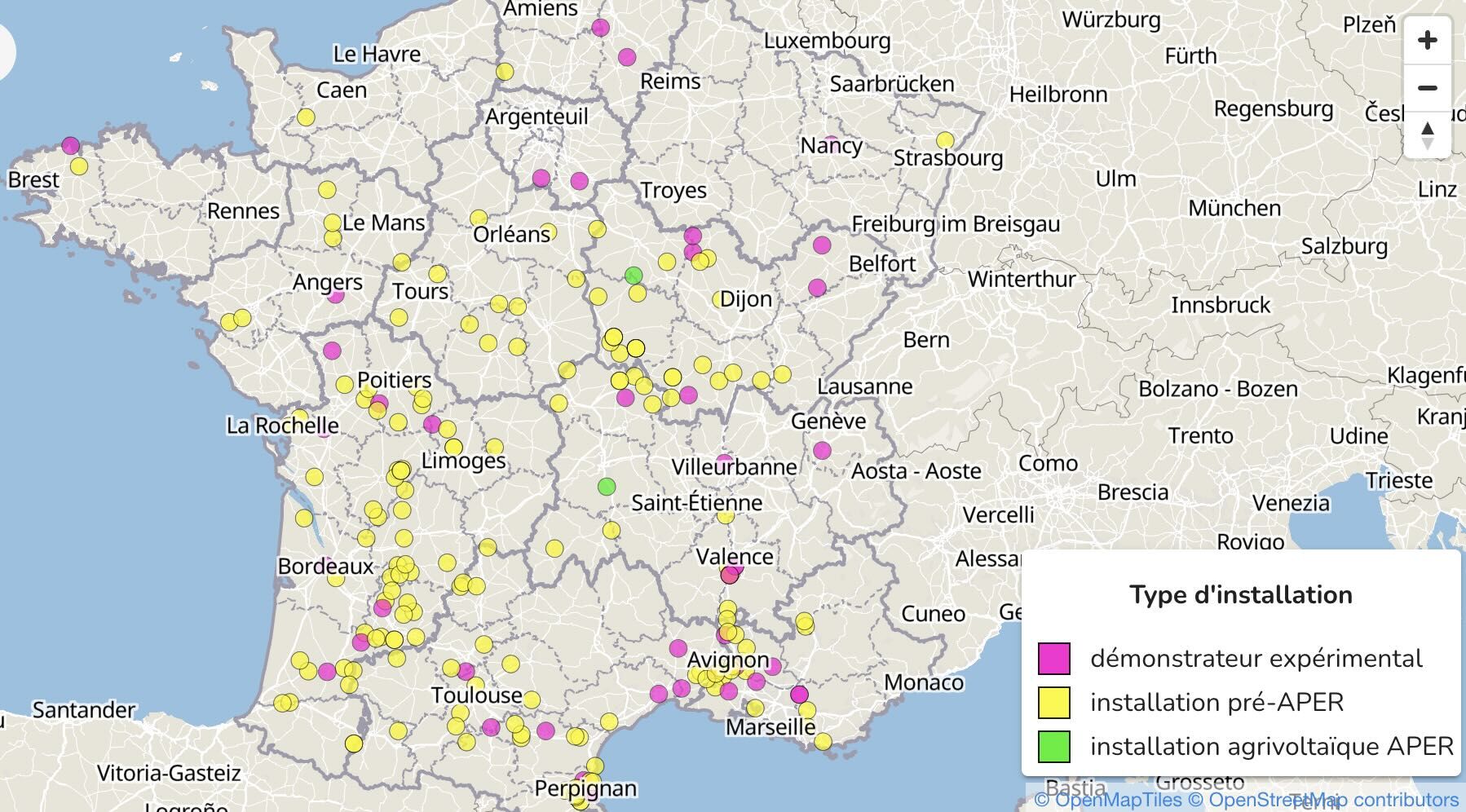 Installations agrivoltaïques en date du 23 février 2026 (Source : Observatoire de l’agrivoltaïsme de l’Ademe)