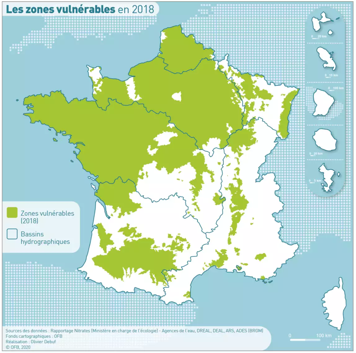 Cartographie des zones vulnérables (Source : Office français de la biodiversité)
