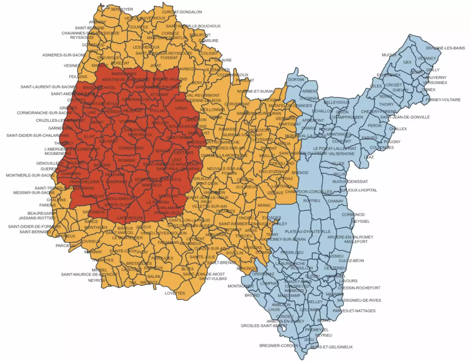 La zone de protection (en rouge) autour du nouveau foyer et les deux zones de surveillance (orange et bleu) du département de l’Ain (Source : GDS de l’Ain)