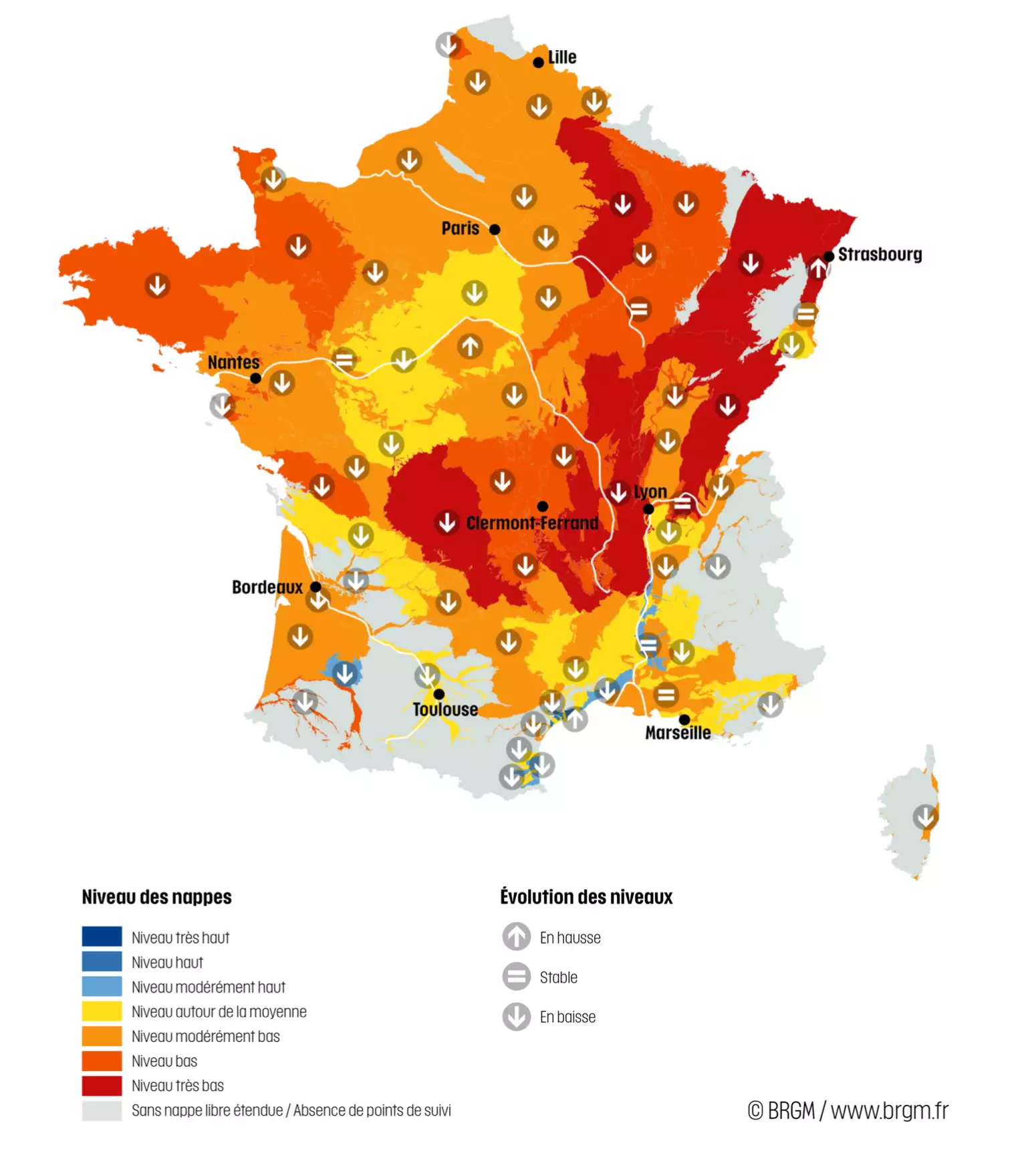 Niveau des nappes et tendances évolutives en date du 1er octobre 2026 (Source : BRGM)