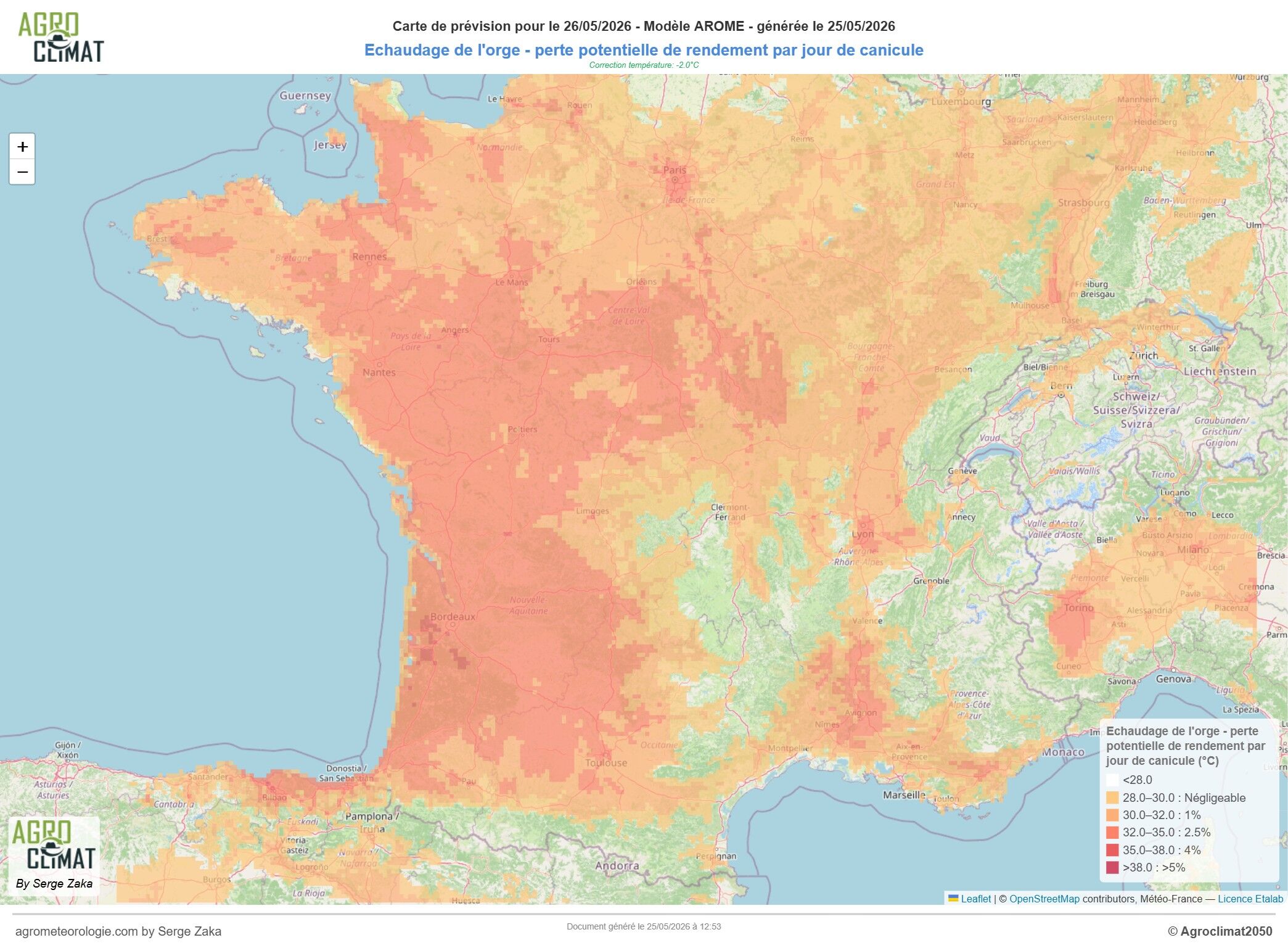 Carte du risque d’échaudage de l’orge © Agroclimat2050.fr