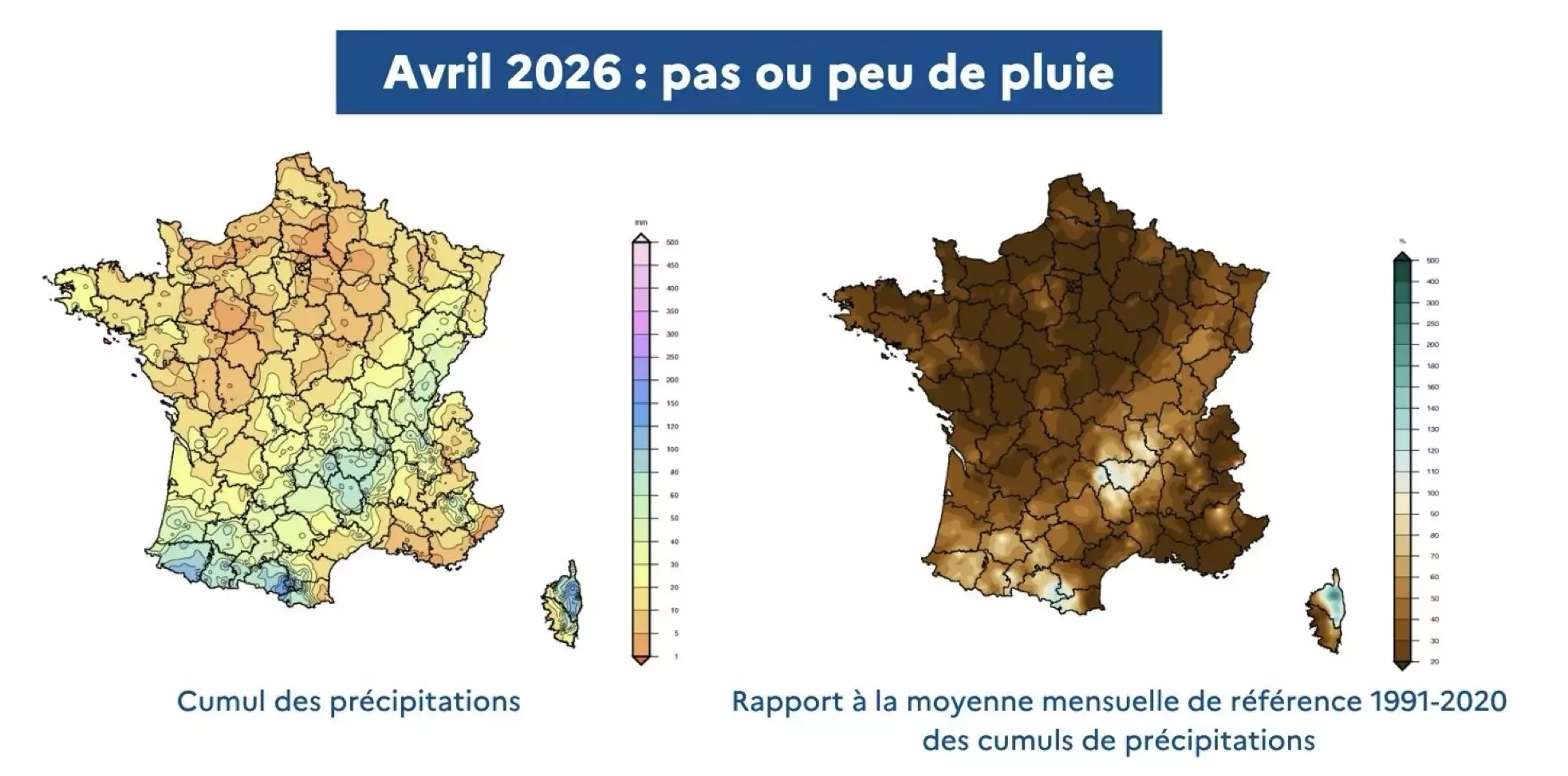 Cumul des précipitations en avril 2026 et rapport à la moyenne mensuelle de référence 1991-2020 © Météo-France